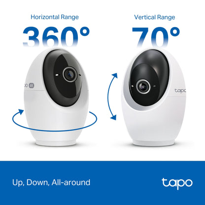 TP-Link Tapo C260 pan/tilt AI overvågningskamera, én med 360° rotation, én med 70° vertikal tilt, TP-Link-logo.