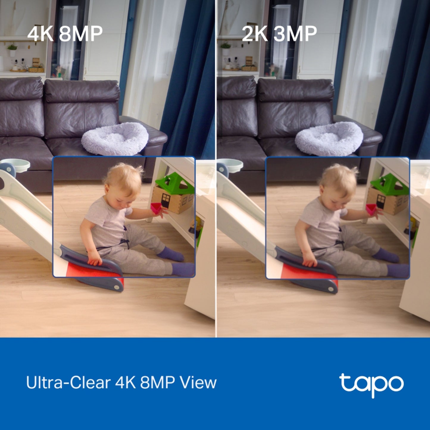 Tapo C260 Pan/Tilt AI trådløst overvågningskamera 4K QHD vs 2K 3MP, indendørs optagelse nær hvidt bord og grå sofa.