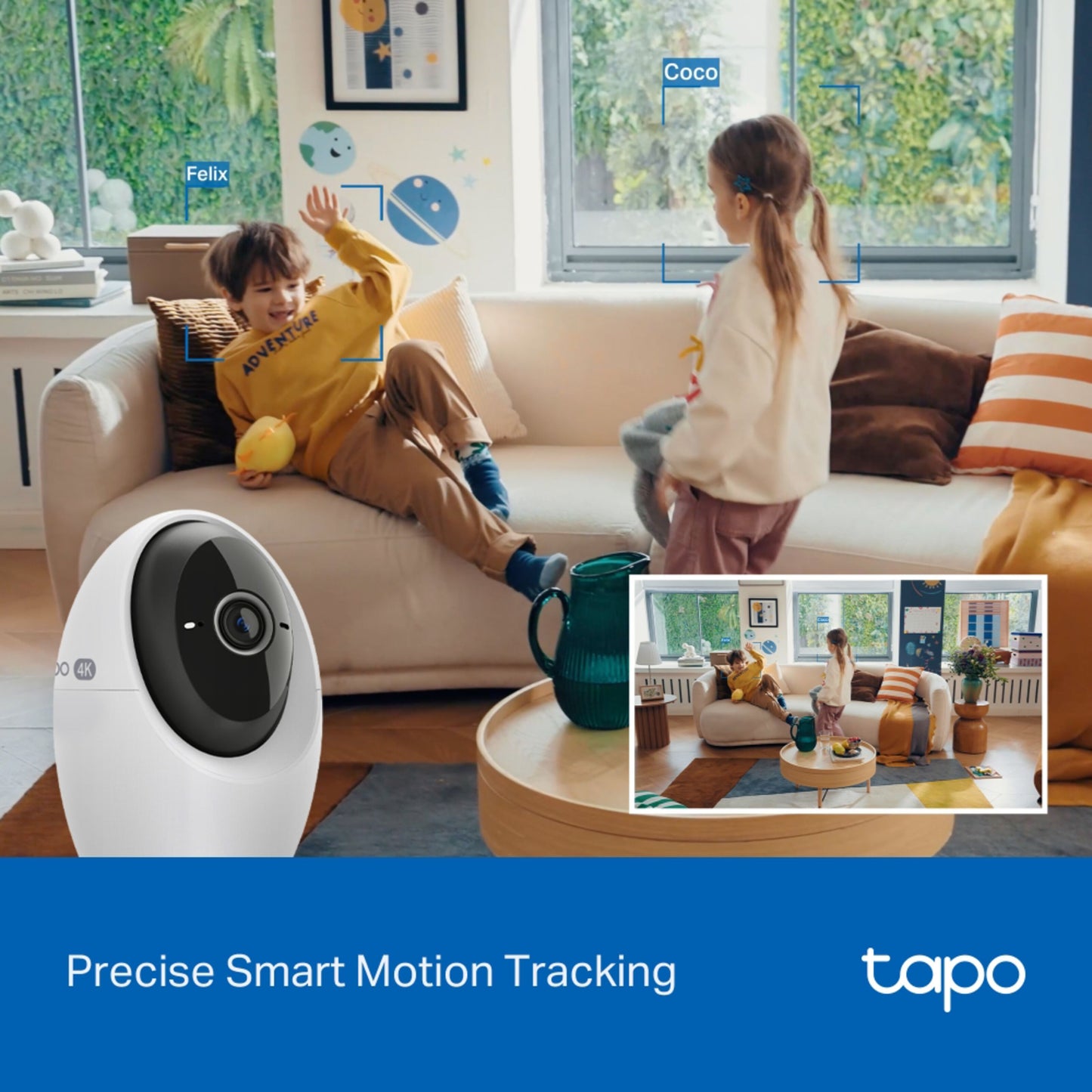 TP-Link Tapo C260 pan/tilt AI trådløst overvågningskamera sporer børn, skærm viser ansigter med smart bevægelsessporing.