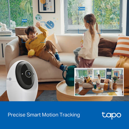 TP-Link Tapo C260 pan/tilt AI trådløst overvågningskamera sporer børn, skærm viser ansigter med smart bevægelsessporing.