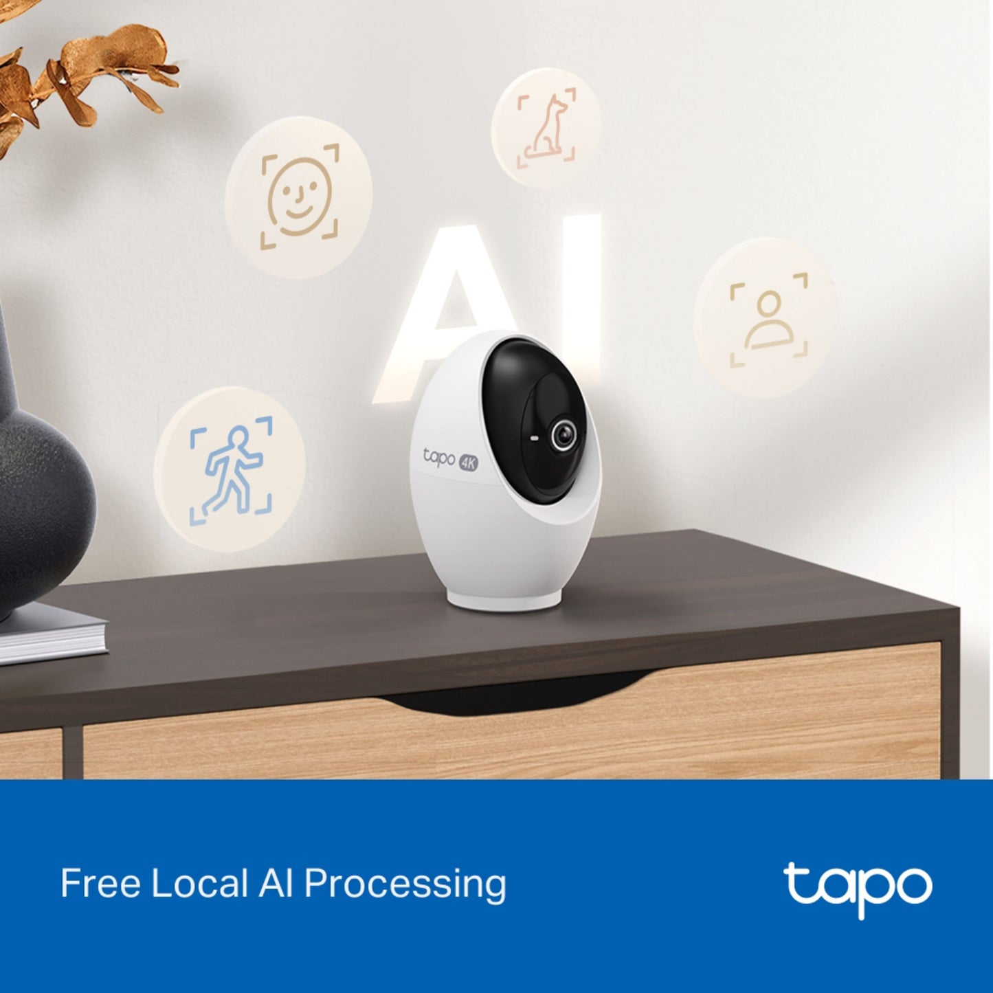 TP-Link Tapo C260 pan/tilt AI overvågningskamera hvid, ikoner for nattesyn, person- og kæledyrsdetektion, AI objektsporing.