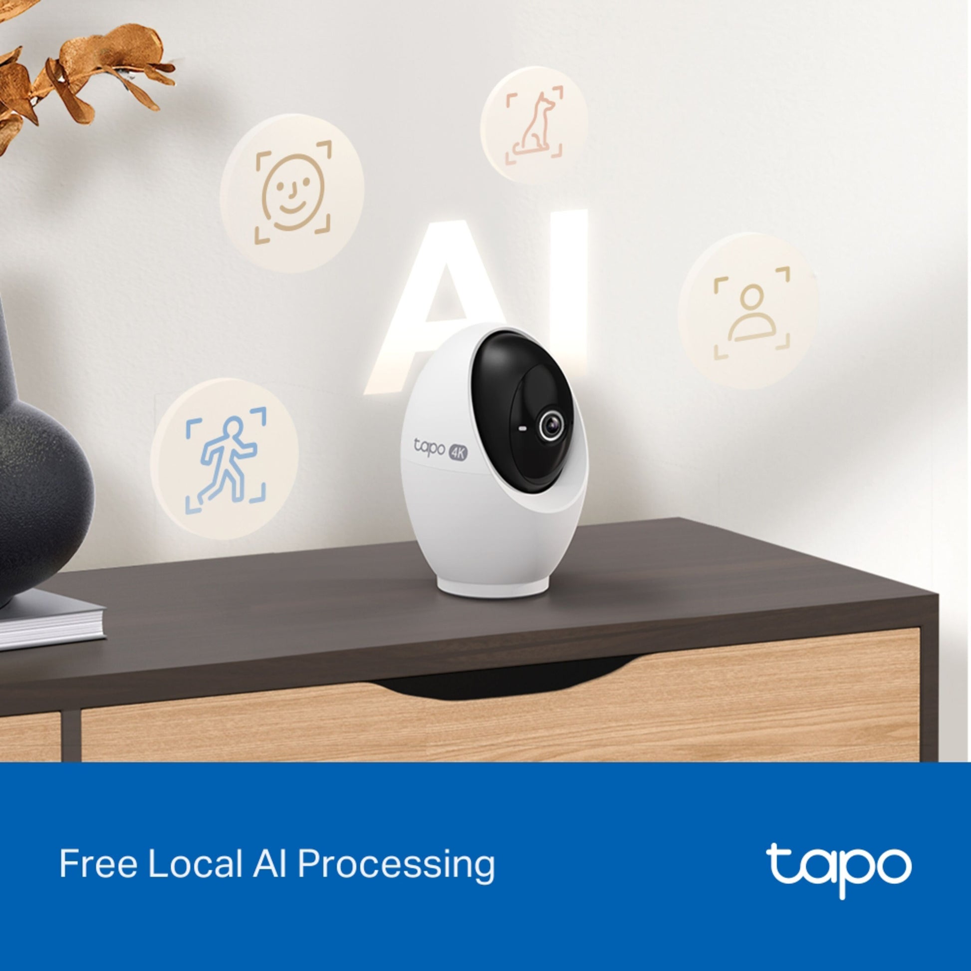 TP-Link Tapo C260 pan/tilt AI overvågningskamera hvid, ikoner for nattesyn, person- og kæledyrsdetektion, AI objektsporing.