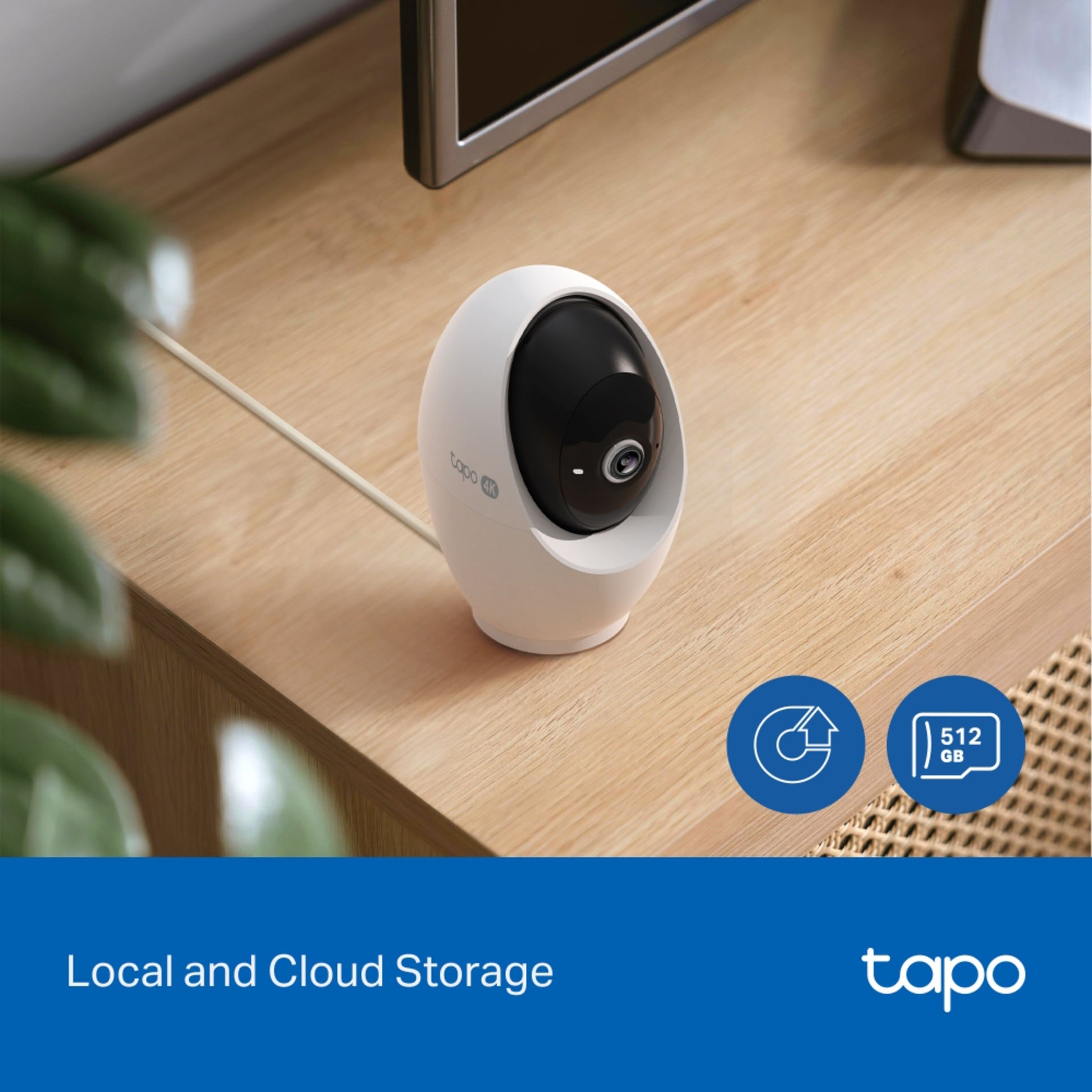 TP-Link Tapo C260 hvid oval pan/tilt AI trådløs overvågningskamera med kabel, lagerikoner Local/Cloud/512 GB, TP-Link-logo.