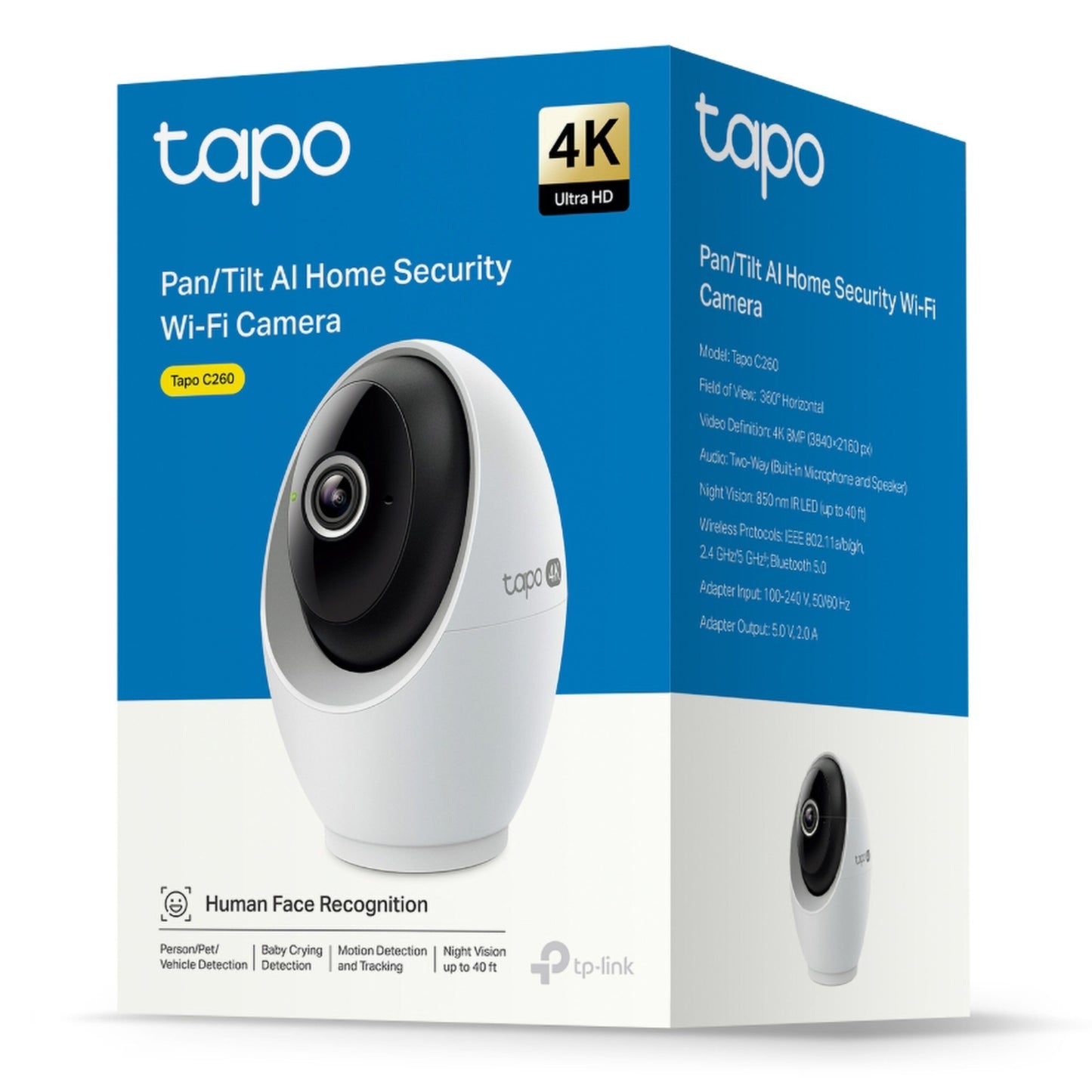 TP-Link Tapo C260 Pan/Tilt AI trådløst overvågningskamera æske blå/hvid, AI sporing, nattesyn, bevægelse, ansigtsgenkendelse.