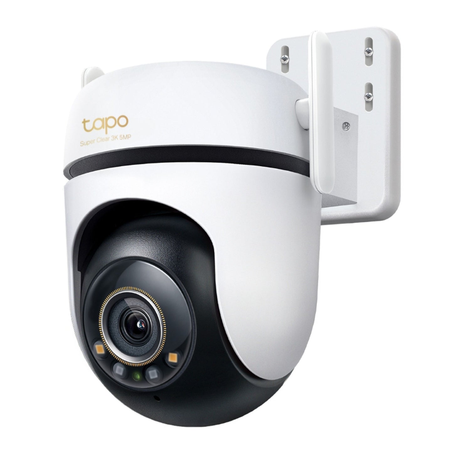 TP-Link Tapo C530WS trådløst overvågningskamera 3K 5MP nattesyn monteret på hvidt beslag.