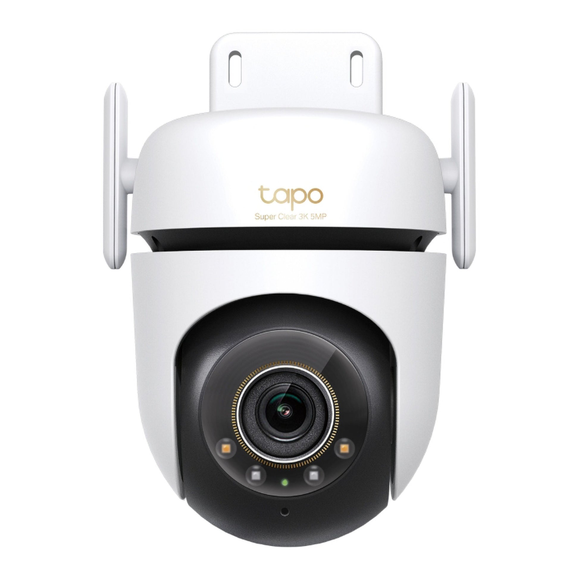 TP-Link Tapo C530WS trådløst overvågningskamera, sort linse, to antenner, vægbeslag, tekst "tapo Super Clear 3K 5MP.