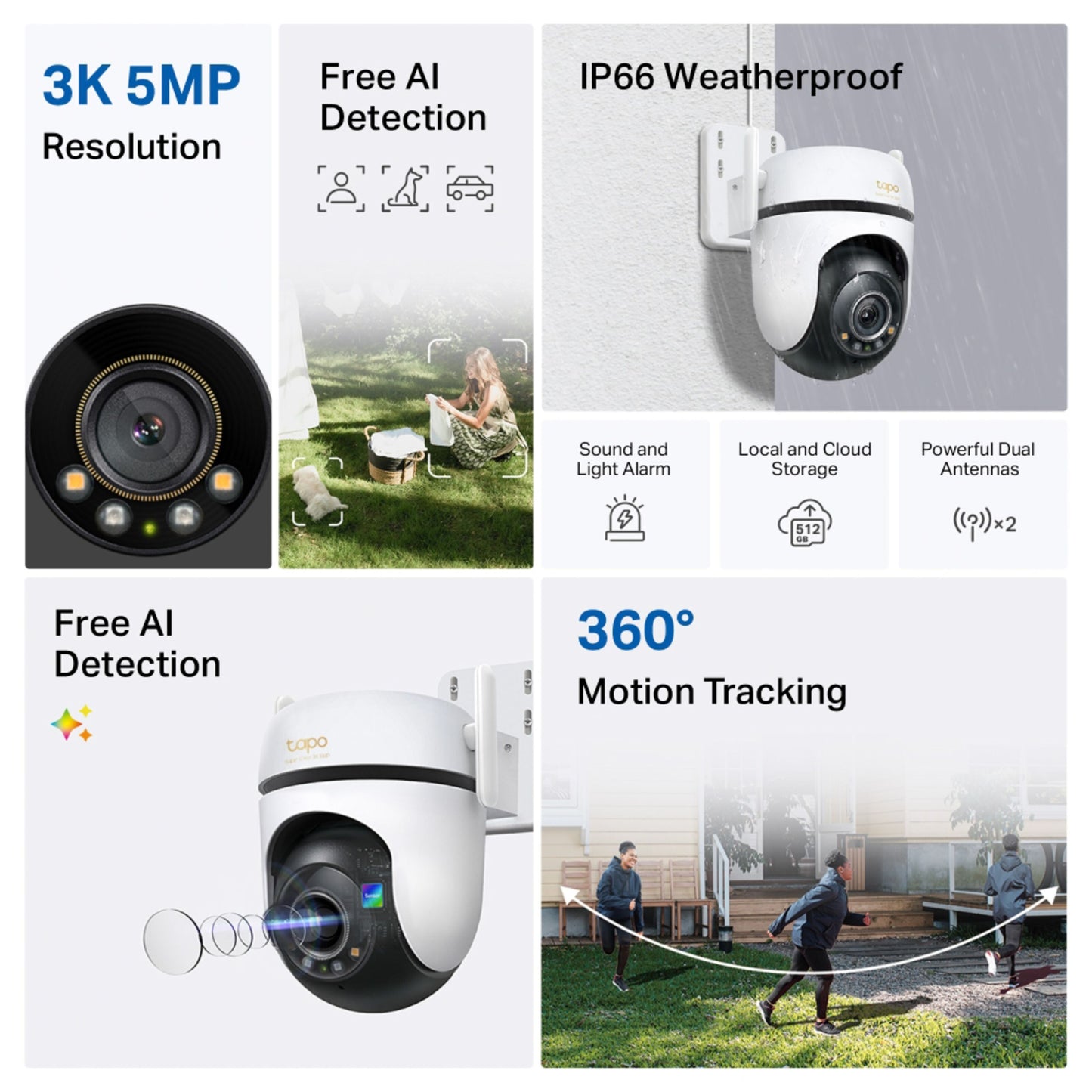 TP-Link Tapo C530WS trådløst overvågningskamera 3K 5MP, nattesyn, AI-detektion, IP66, lyd/lysalarm, dobbeltantenner.