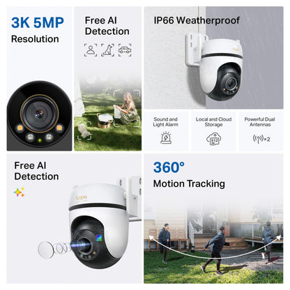 TP-Link Tapo C530WS trådløst overvågningskamera 3K 5MP, nattesyn, AI-detektion, IP66, lyd/lysalarm, dobbeltantenner.