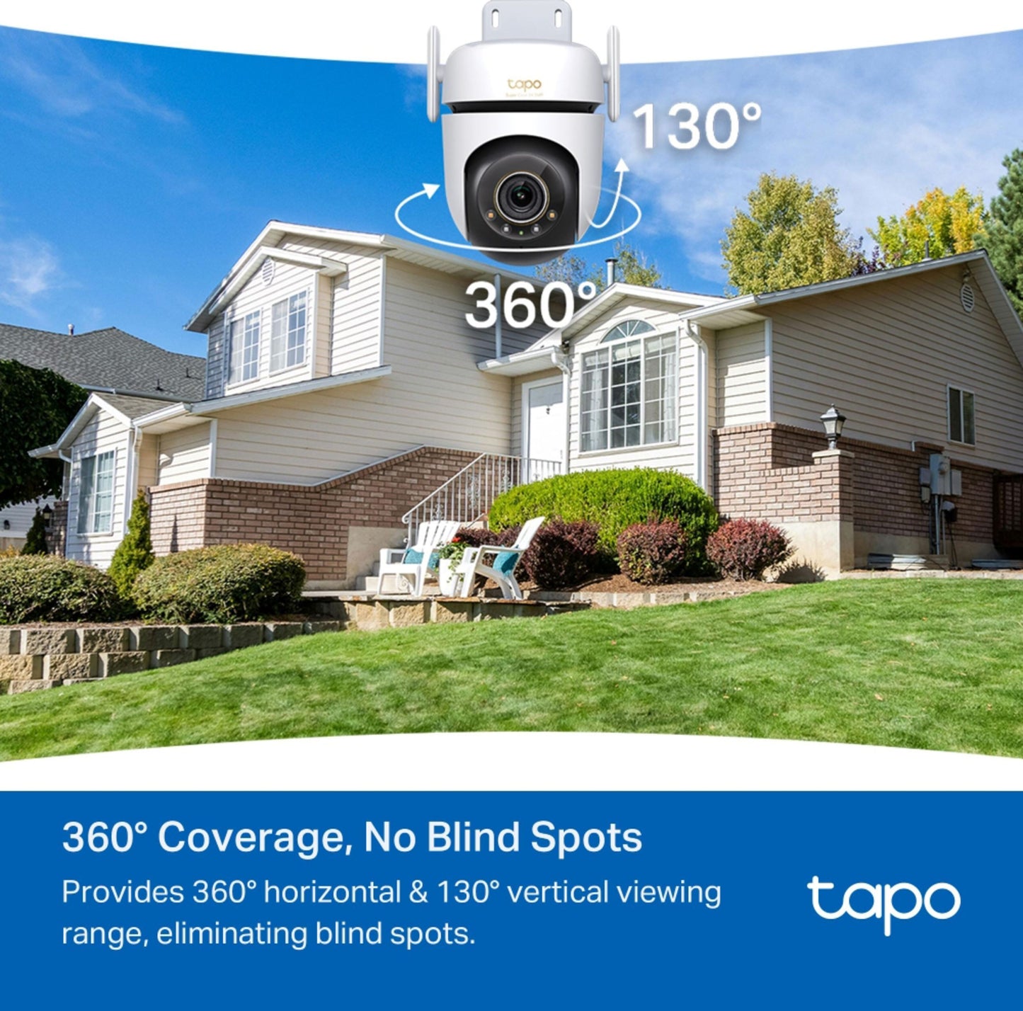 Tapo C530WS trådløst overvågningskamera udendørs med 360° og 130° dækning, Tapo-logo, nattesyn, blå "360° Coverage"-banner.