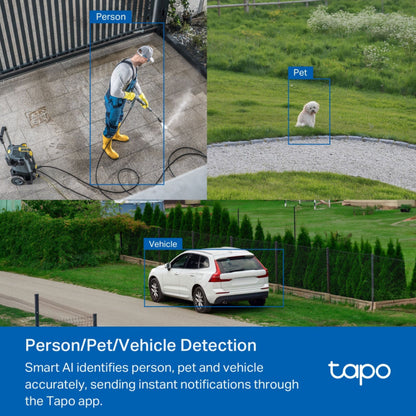 TP-Link Tapo C530WS trådløst overvågningskamera AI-detektion illustration Person, Pet, Vehicle nattesyn.