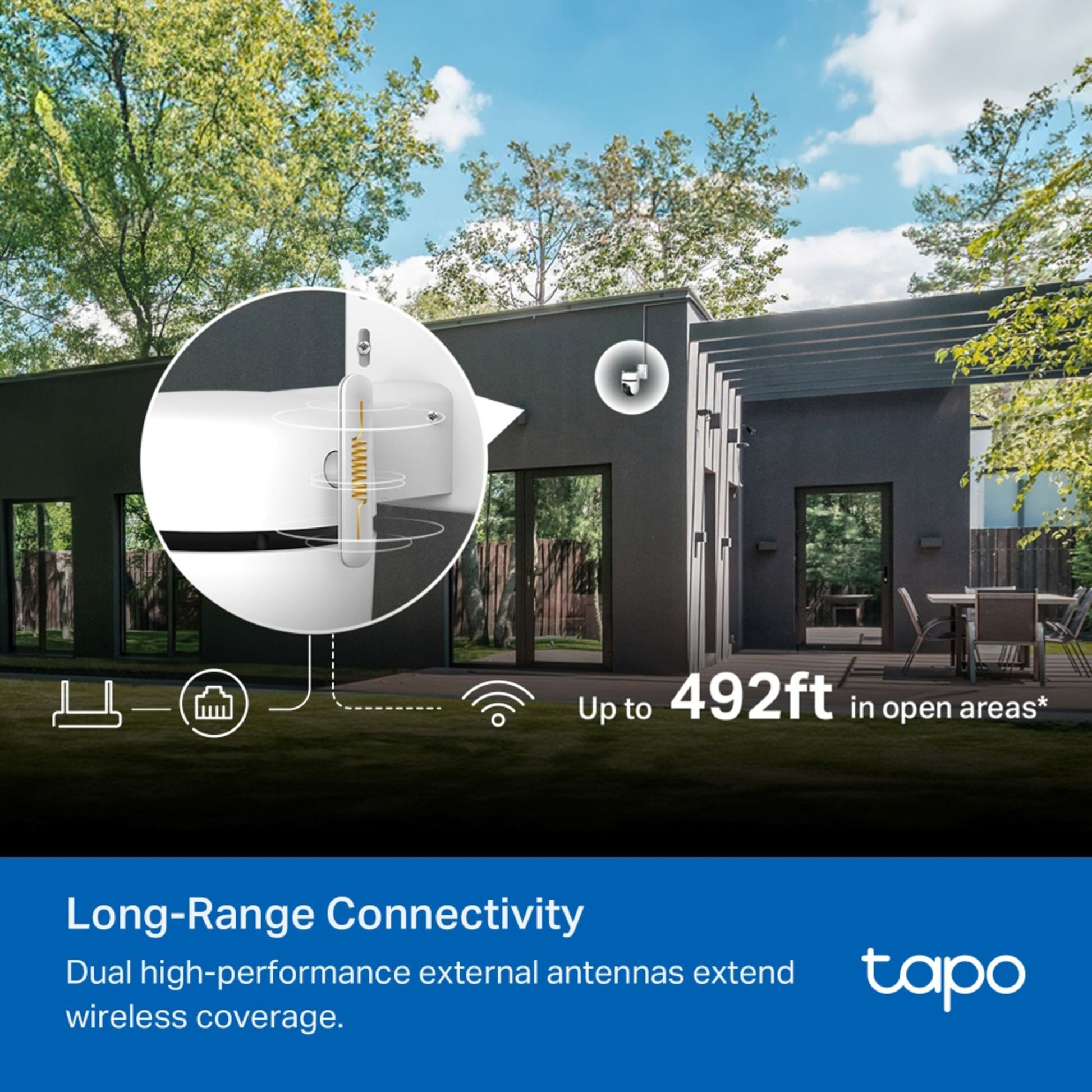 TP-Link Tapo C530WS trådløst overvågningskamera med to eksterne antenner og teksten "Long-Range Connectivity.