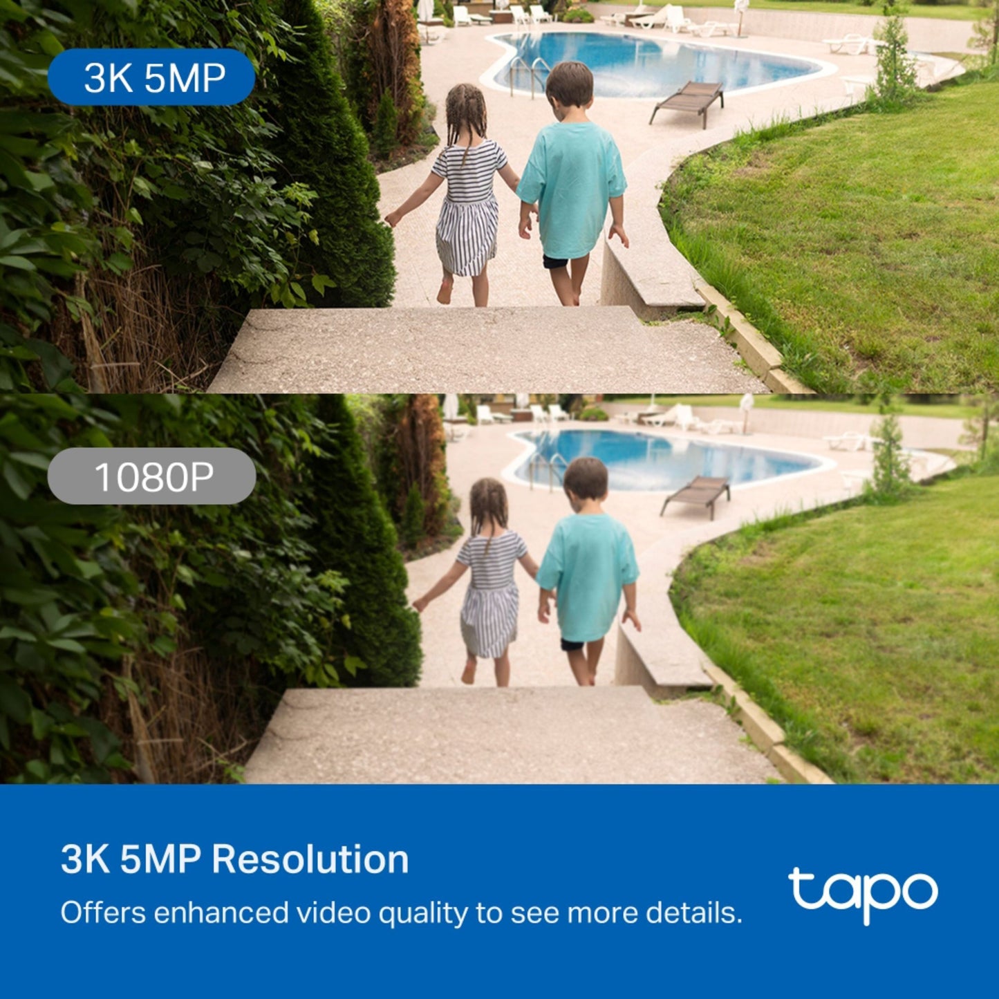 Tp-Link Tapo C530WS trådløst overvågningskamera 3K 5MP sammenligning med sløret 1080P opløsning, viser klar natte-syn.