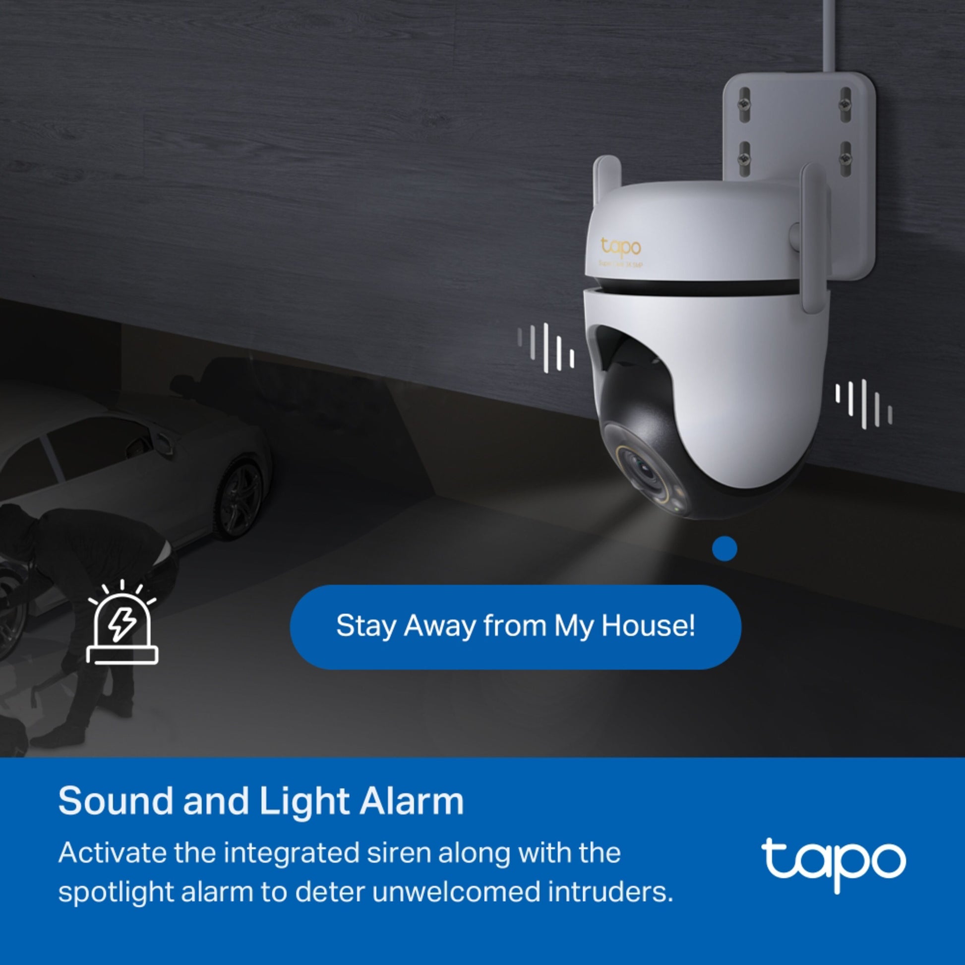 TP-Link Tapo C530WS trådløst overvågningskamera monteret på væg med spotlight og advarselstekst "Stay Away from My House.