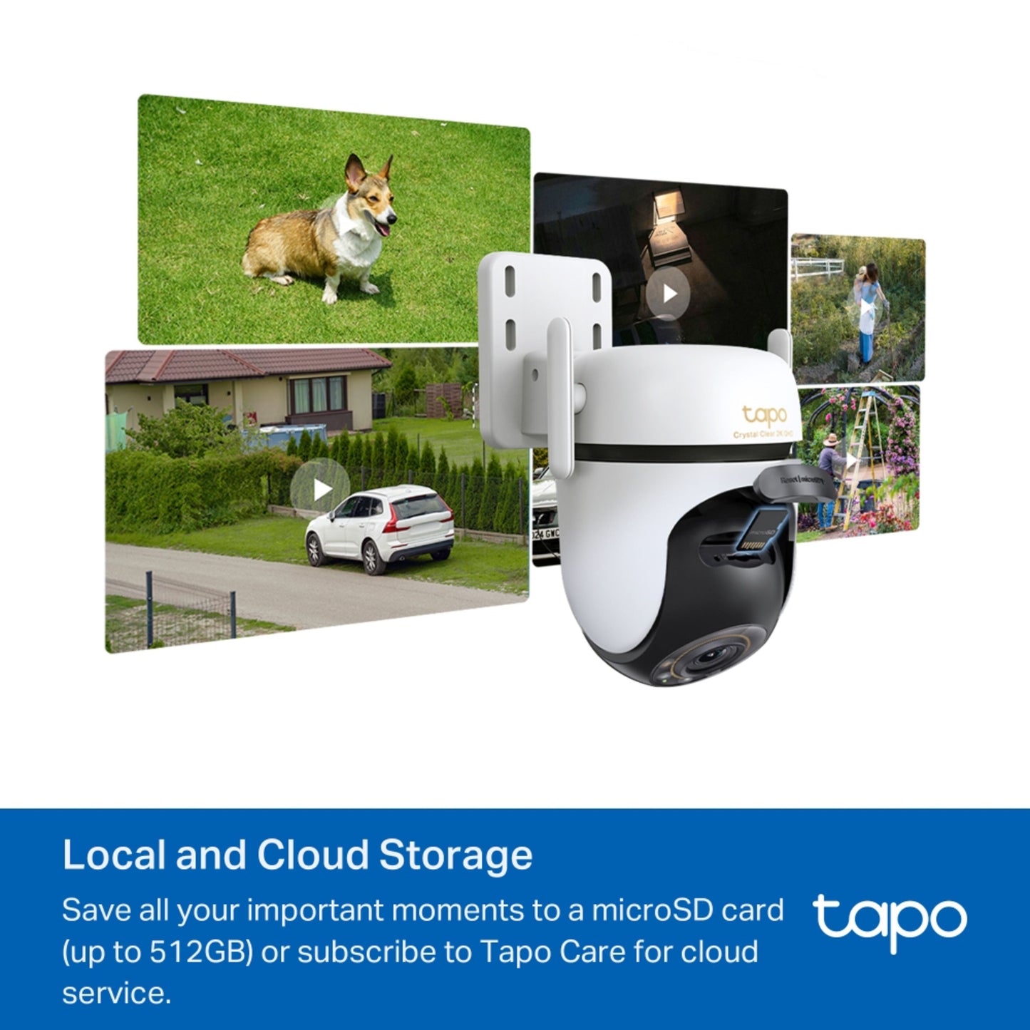 TP-Link Tapo C530WS trådløst overvågningskamera foran videoer med hund, barn og bil, fremhævet lokal/cloud-lagring, nattesyn.