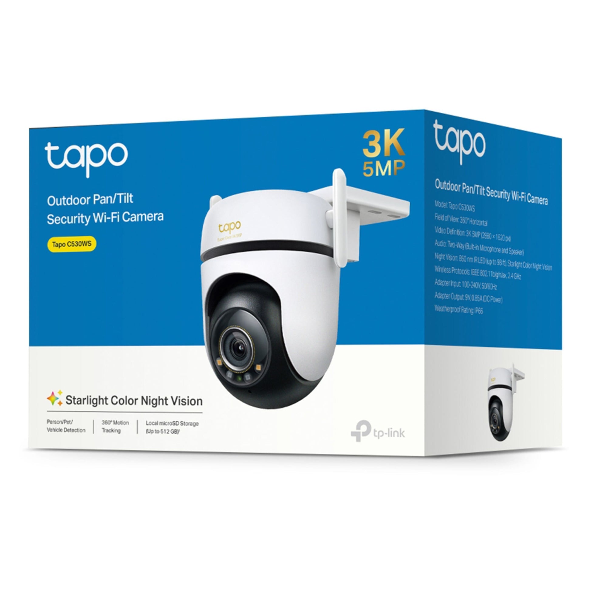 TP-Link Tapo C530WS trådløst overvågningskamera 3K 5MP, farve-nattesyn, lokal og cloud-lagring på blå og hvid æske.