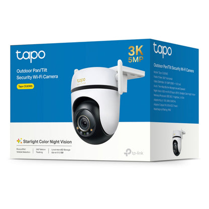 TP-Link Tapo C530WS trådløst overvågningskamera 3K 5MP, farve-nattesyn, lokal og cloud-lagring på blå og hvid æske.