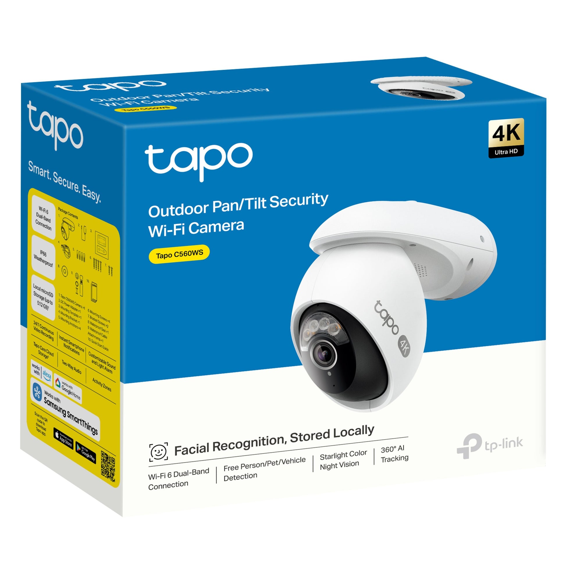 TP-Link Tapo C560WS trådløst overvågningskamera 4K opløsning, ansigtsgenkendelse, 360° AI-tracking på blå-gul æske.
