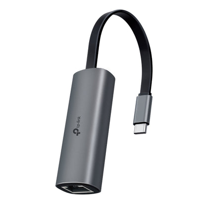 TP-Link UE302C Gigabit-netværkskort USB-C 2,5 Gb/s, metallic grå, USB-C stik, Ethernet port og kort sort kabel.