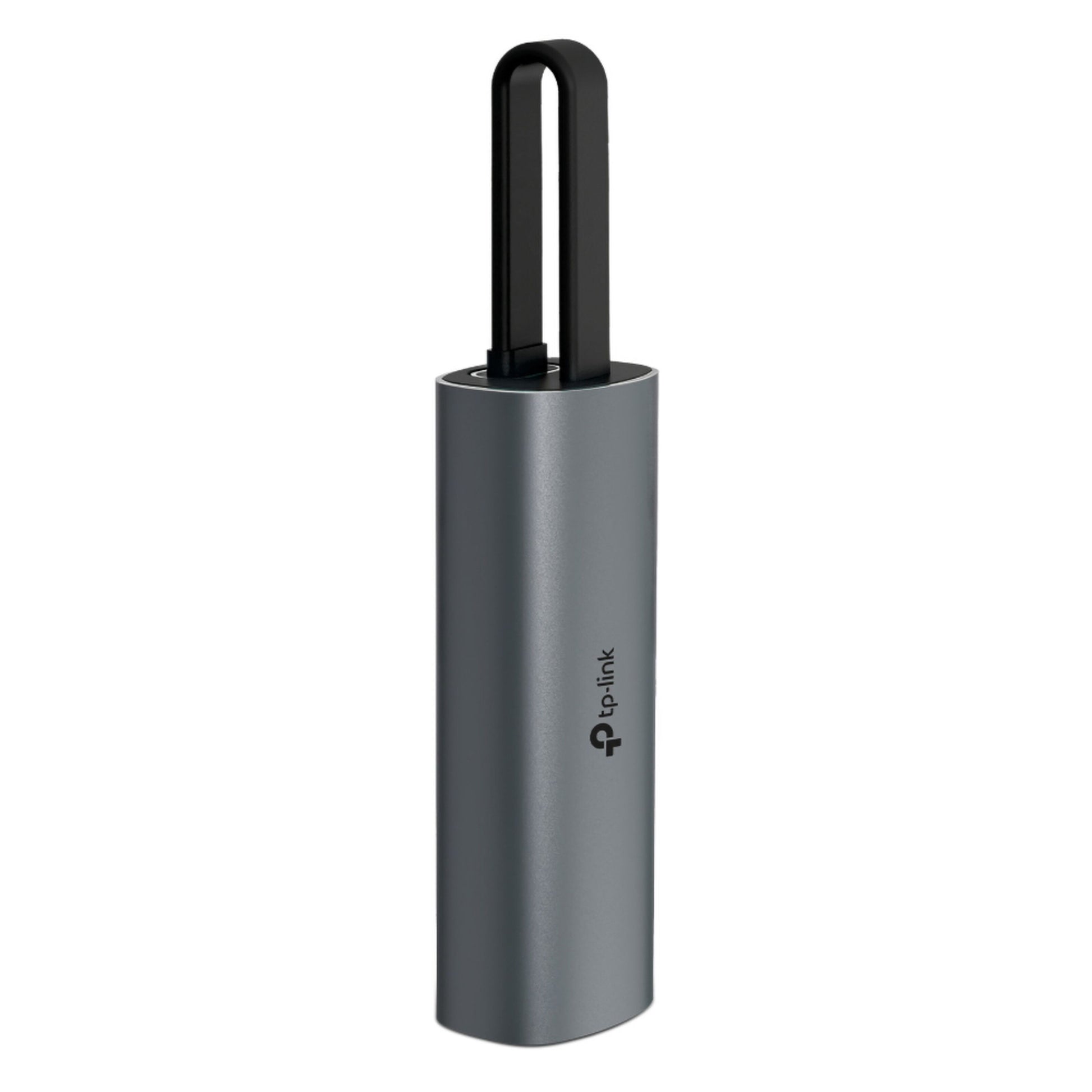 TP-Link UE302C gigabit netværkskort metallic grå cylinderformet USB-C, sort håndtag, tp-link logo, op til 2,5 Gb/s.