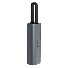 TP-Link UE302C gigabit netværkskort metallic grå cylinderformet USB-C, sort håndtag, tp-link logo, op til 2,5 Gb/s.