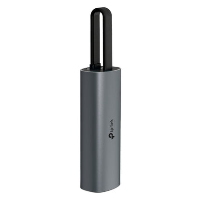 TP-Link UE302C gigabit netværkskort metallic grå cylinderformet USB-C, sort håndtag, tp-link logo, op til 2,5 Gb/s.