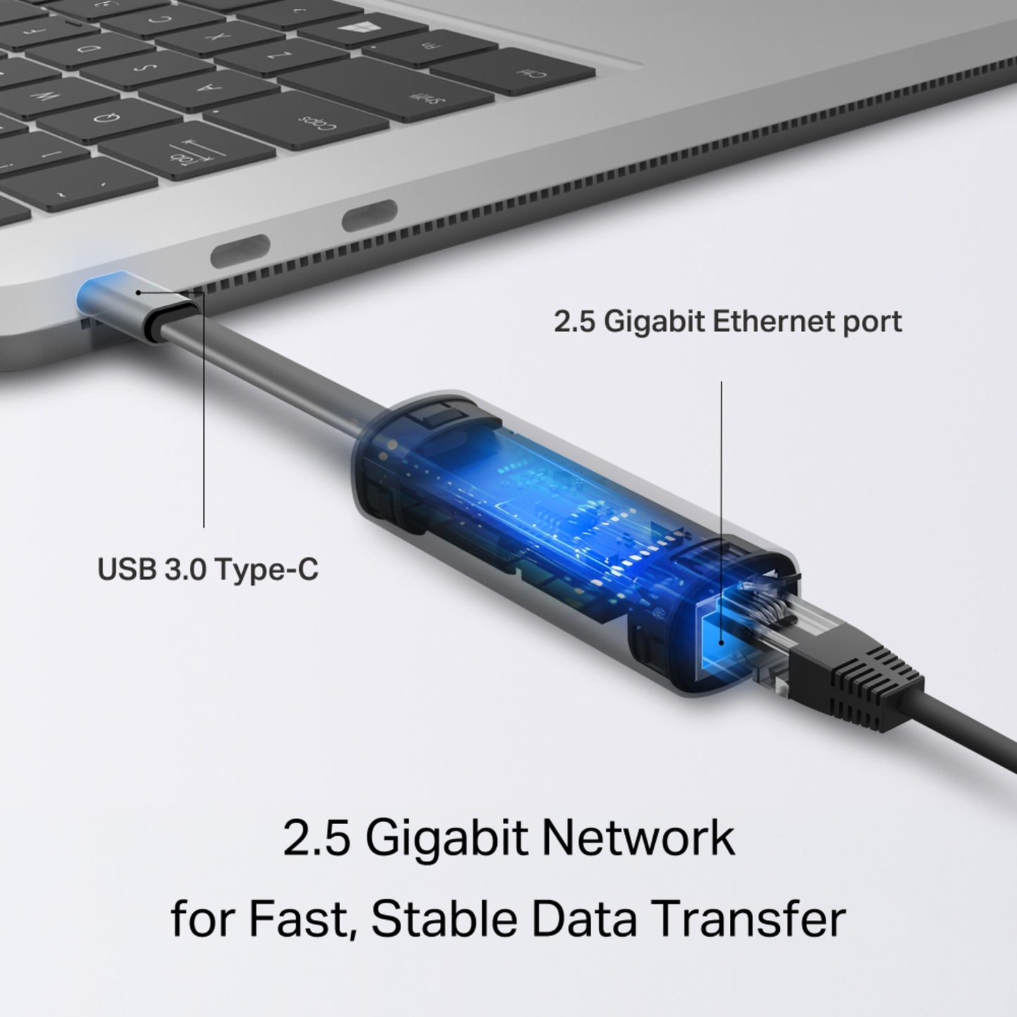 TP-Link UE302C netværkskort USB-C 2,5 Gb/s synlig "2.5 Gigabit Network" og "5 Gbps" Ethernet-hastighedslabel.