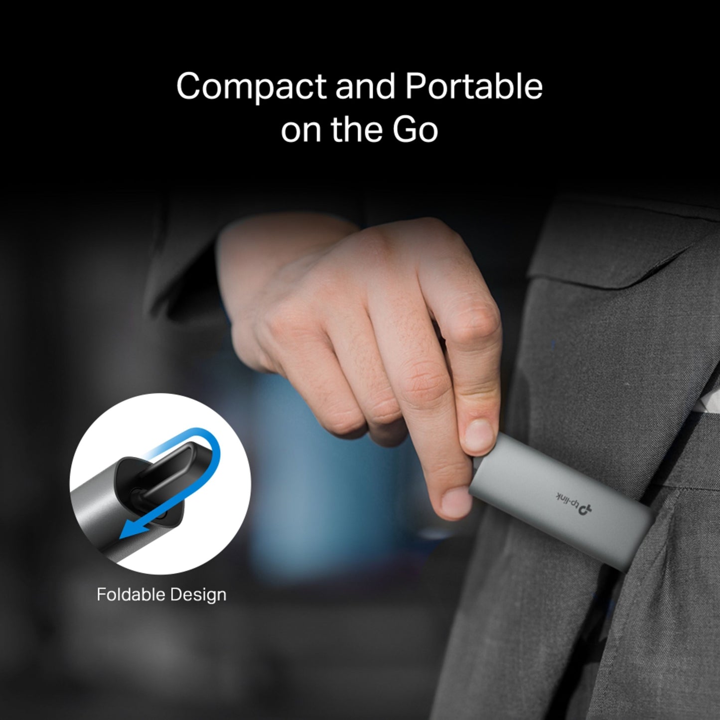 TP-Link UE302C Gigabit-netværkskort USB-C 2,5 Gb/s foldbart design vises i lomme, tekst "Compact and Portable on the Go.