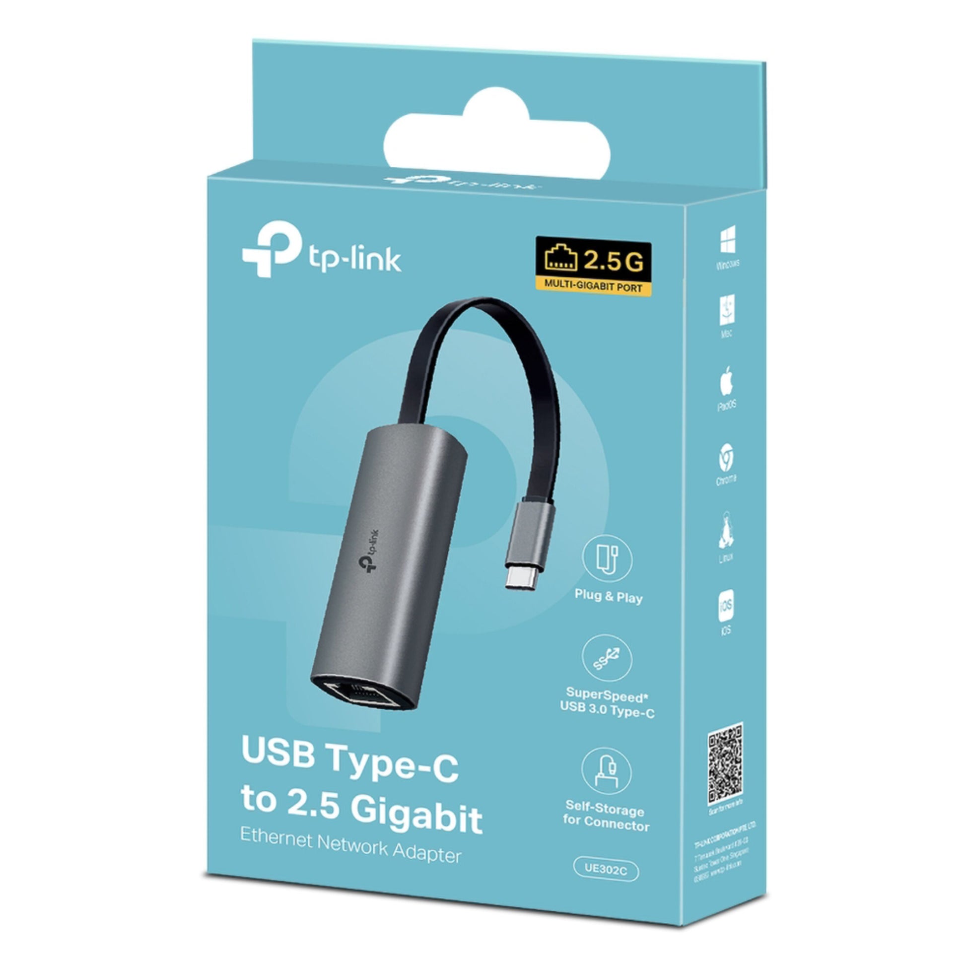 TP-Link UE302C blå æske, Gigabit-netværkskort USB-C 2,5 Gb/s, ikoner til Plug  Play, SuperSpeed USB 3.0.