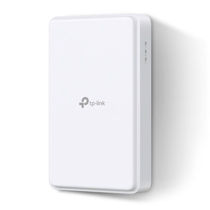 TP-Link NE200-Outdoor 5G router, hvid, rektangulær, vægmonteret, Wi-Fi 6, centralt logo og små indikatorlys på siden.