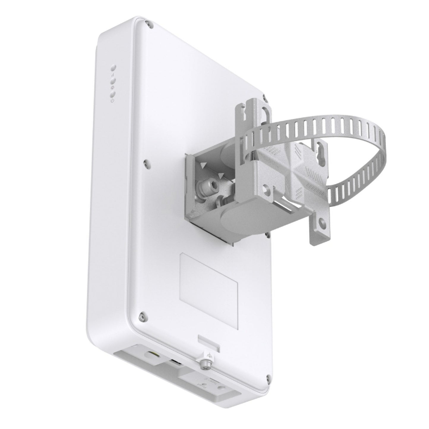 TP-Link NE200-Outdoor 5G router, hvid rektangulær IP66, beslag og rem til væg/pæl, sideporte, LED og bagcover.