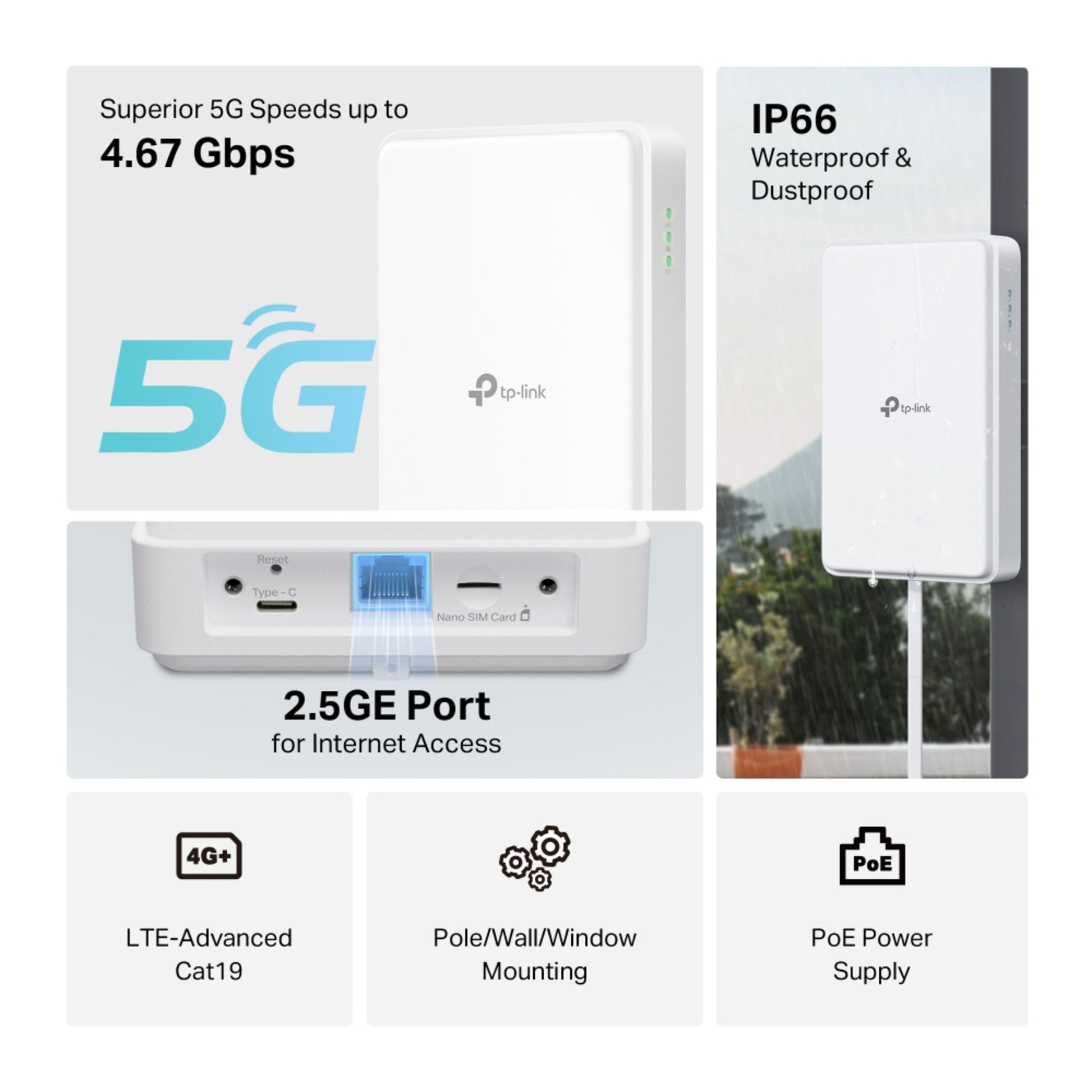 TP-Link NE200-Outdoor 5G router, 4.67Gbps, IP66 vandtæt, Wi-Fi 6, LTE Cat19, PoE strøm, fleksibel montering.