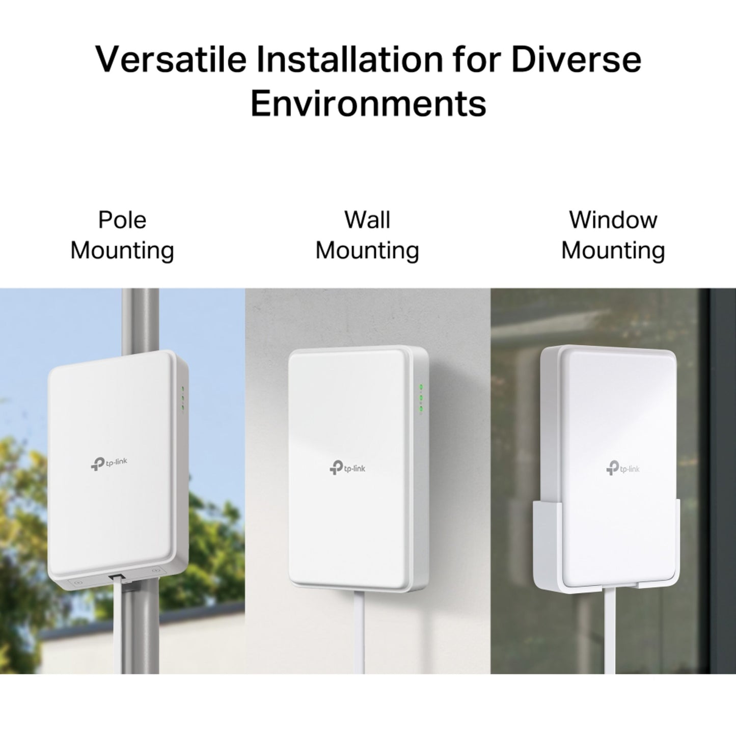 TP-Link NE200-Outdoor 5G Router monteret på mast, væg og vindue viser fleksible installationsmuligheder.