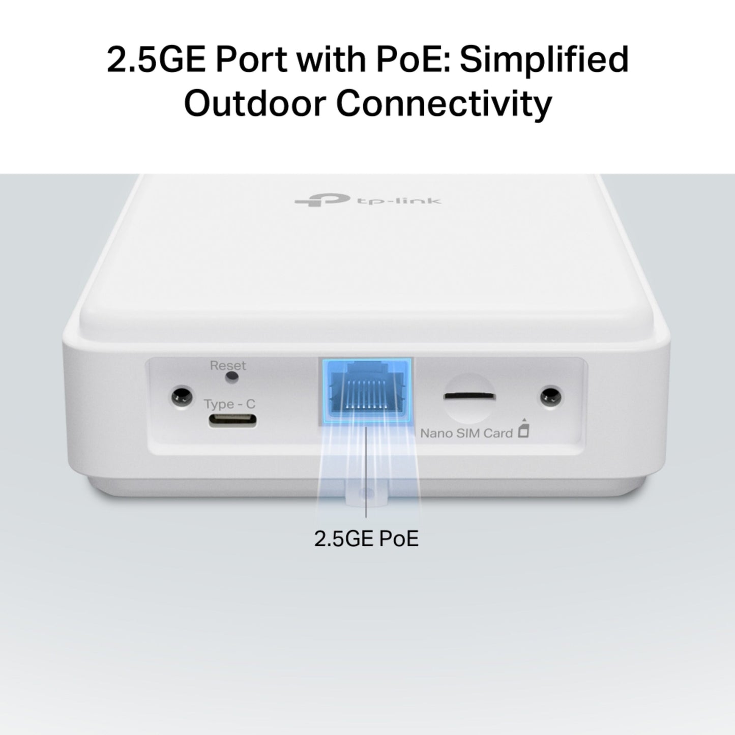 TP-Link NE200-Outdoor 5G router bagside med 2.5GE PoE Ethernet-port, nano SIM-slot, reset-knap og USB-C-port.