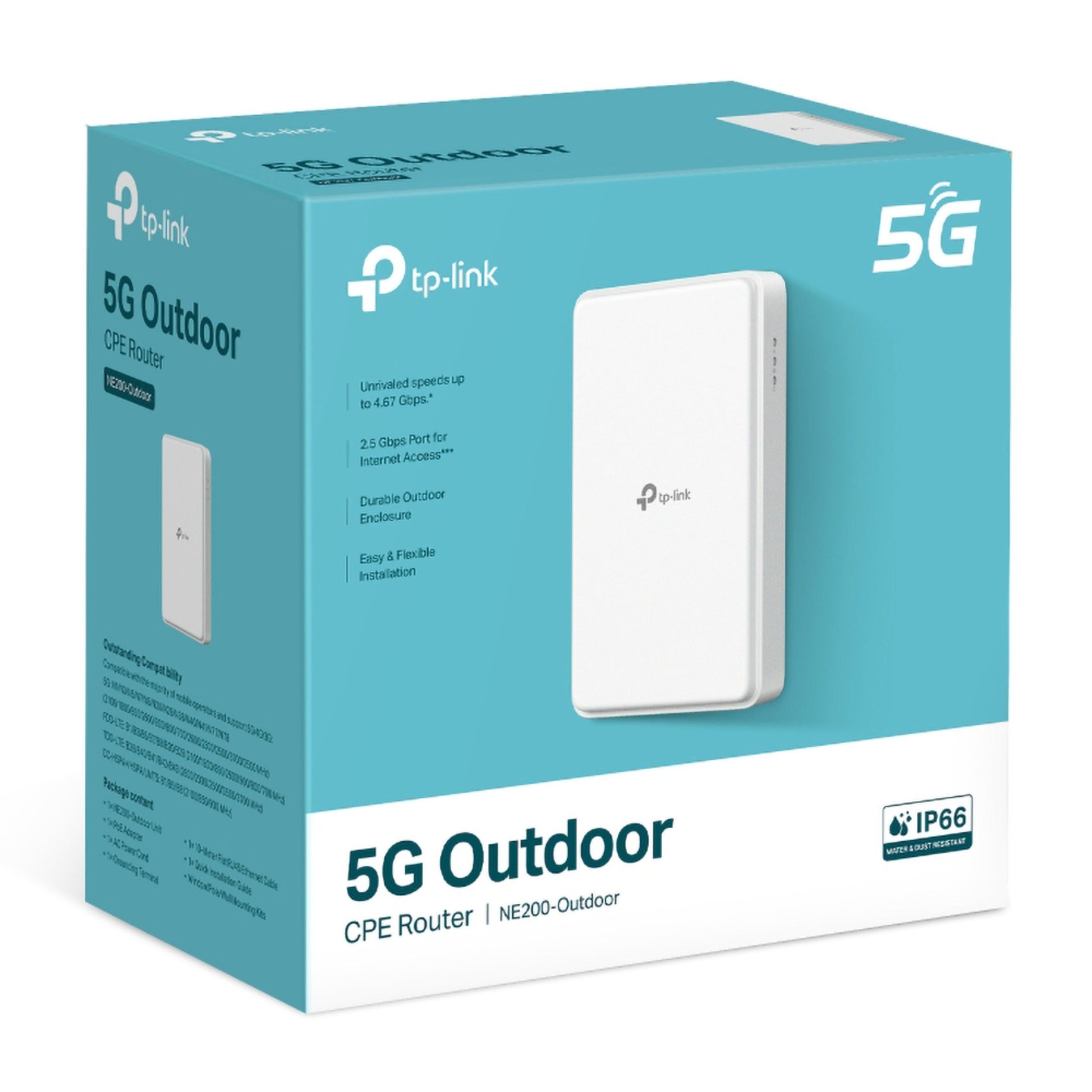 Tp-Link NE200-Outdoor 5G Router æske, visning af IP66 router, Wi-Fi 6 og 5G logoer samt udendørs-ikon.