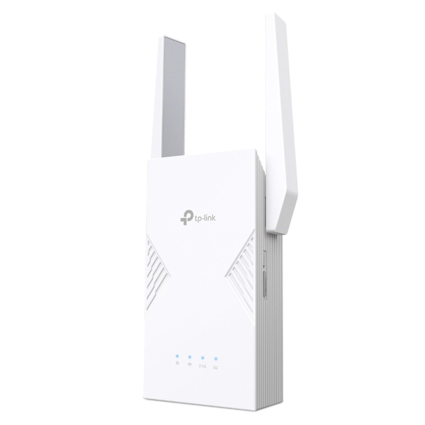 TP-Link RE235BE WiFi 7 BE3600 extender i hvid med to antenner, indikatorlys for strøm, Wi-Fi, 2.4G og 5G.