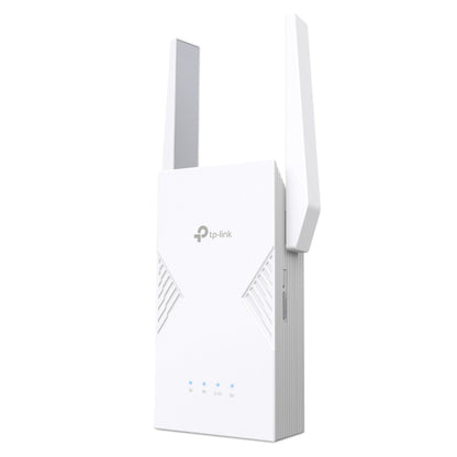 TP-Link RE235BE WiFi 7 BE3600 extender i hvid med to antenner, indikatorlys for strøm, Wi-Fi, 2.4G og 5G.