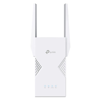 TP-Link RE235BE WiFi 7 BE3600 hvid dual-band repeater med 2 eksterne antenner, ventilationsgitter og 4 LED-indikatorer.