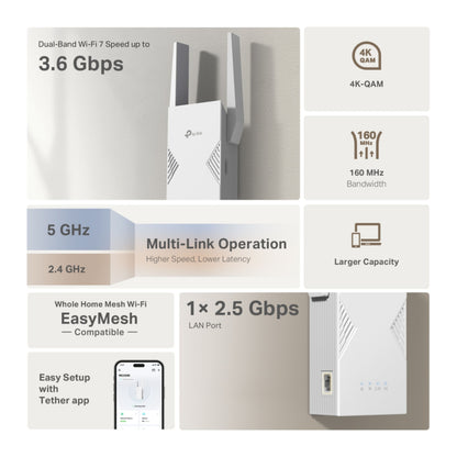 TP-Link RE235BE WiFi 7 BE3600 repeater, op til 3,6 Gbps, dual-band 5 GHz/2,4 GHz, multi-link, mesh, 4K-QAM, EasyMesh.