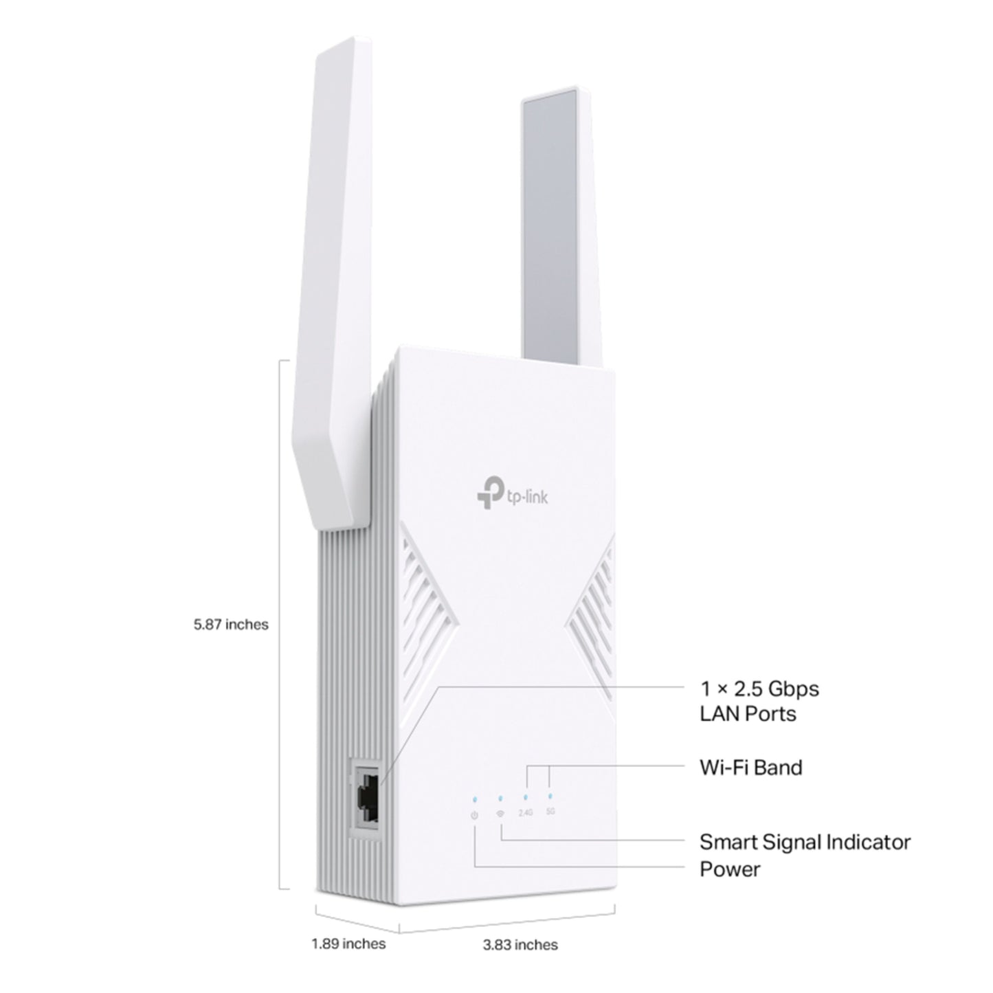 TP-Link RE235BE WiFi 7 BE3600-repeater hvid, dual-band, to antenner, 2,5 Gbps LAN-port, signalindikator, kompakt størrelse.