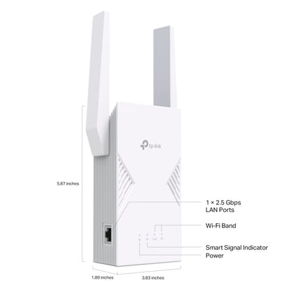 TP-Link RE235BE WiFi 7 BE3600-repeater hvid, dual-band, to antenner, 2,5 Gbps LAN-port, signalindikator, kompakt størrelse.