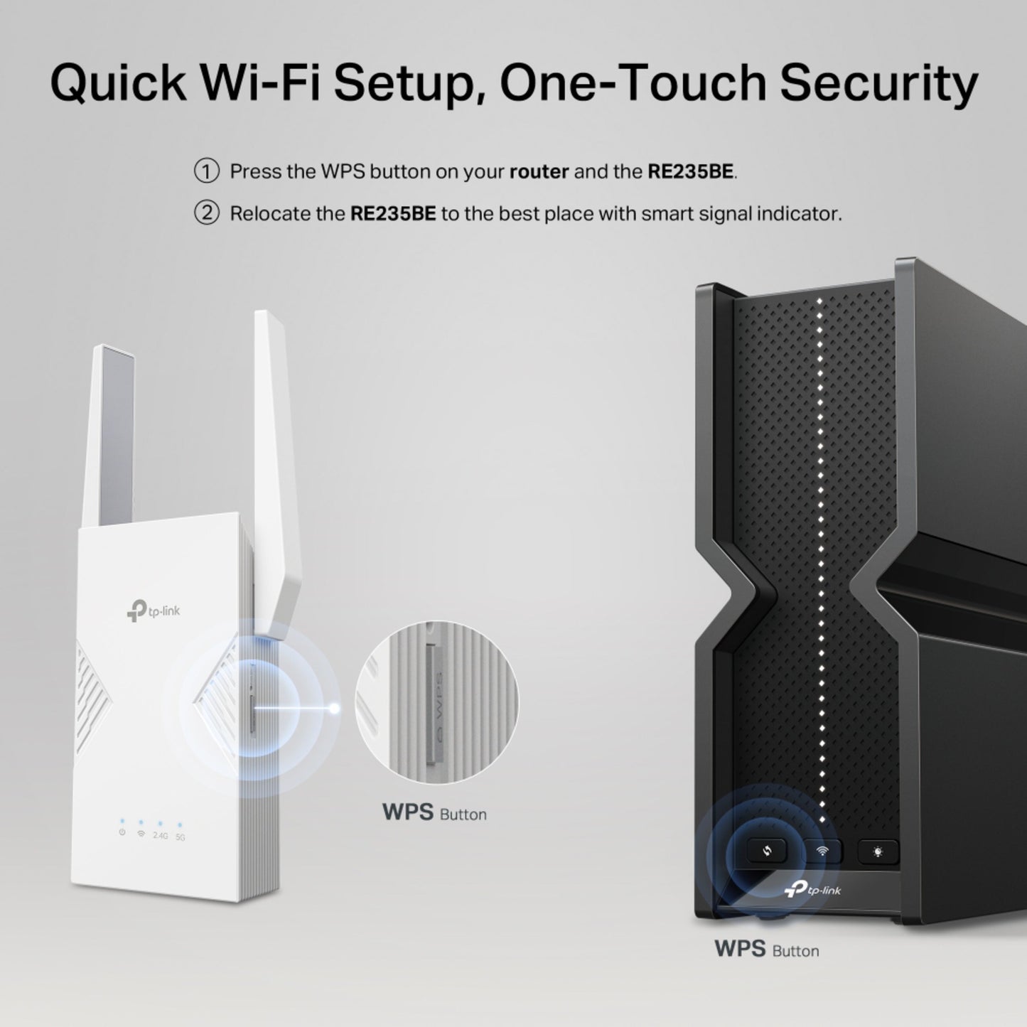 TP-Link RE235BE WiFi 7 BE3600-repeater og sort router med synlige WPS-knapper, side om side.