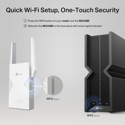 TP-Link RE235BE WiFi 7 BE3600-repeater og sort router med synlige WPS-knapper, side om side.