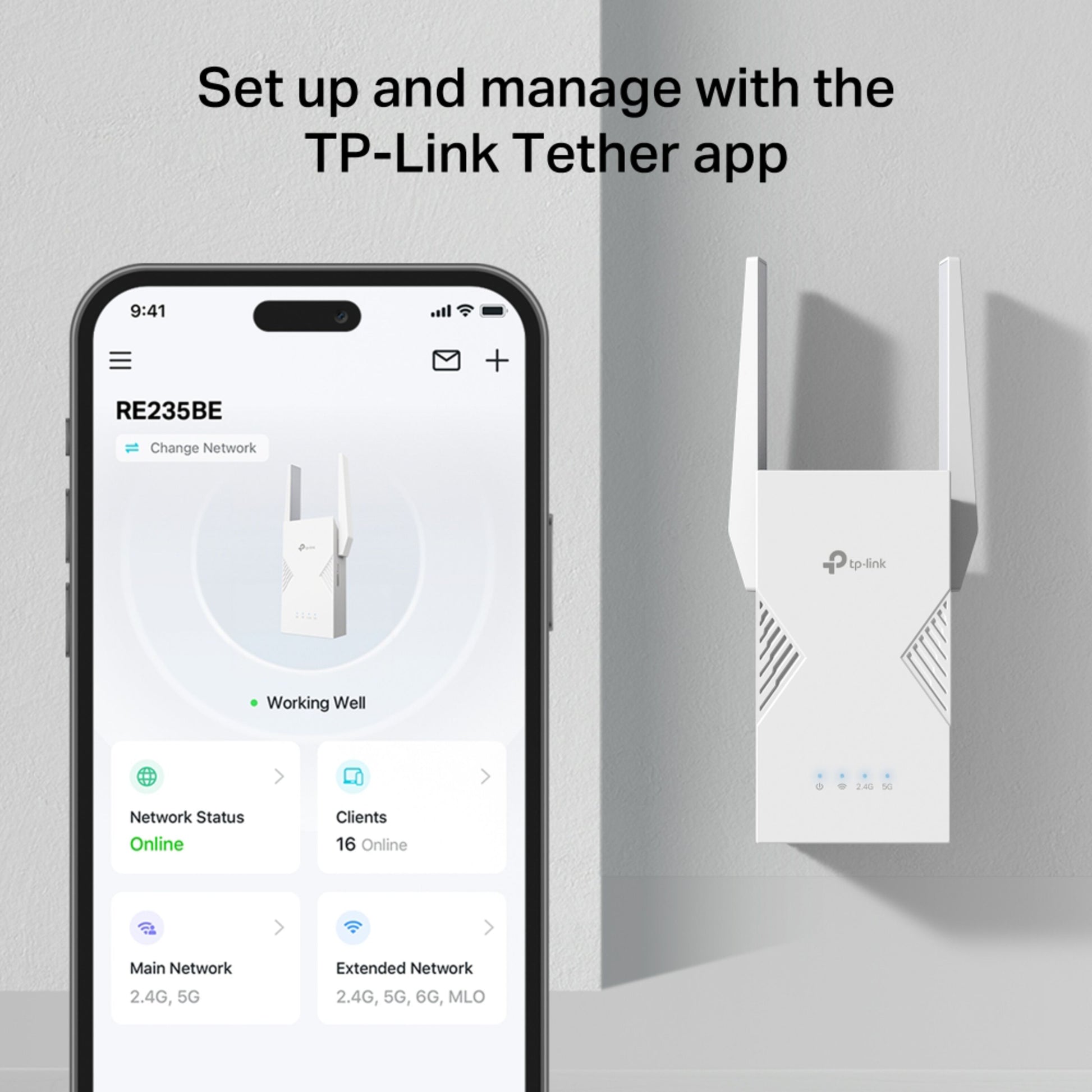 TP-Link RE235BE WiFi 7 BE3600-repeater på væg, Tether-app synlig på smartphone-skærm.