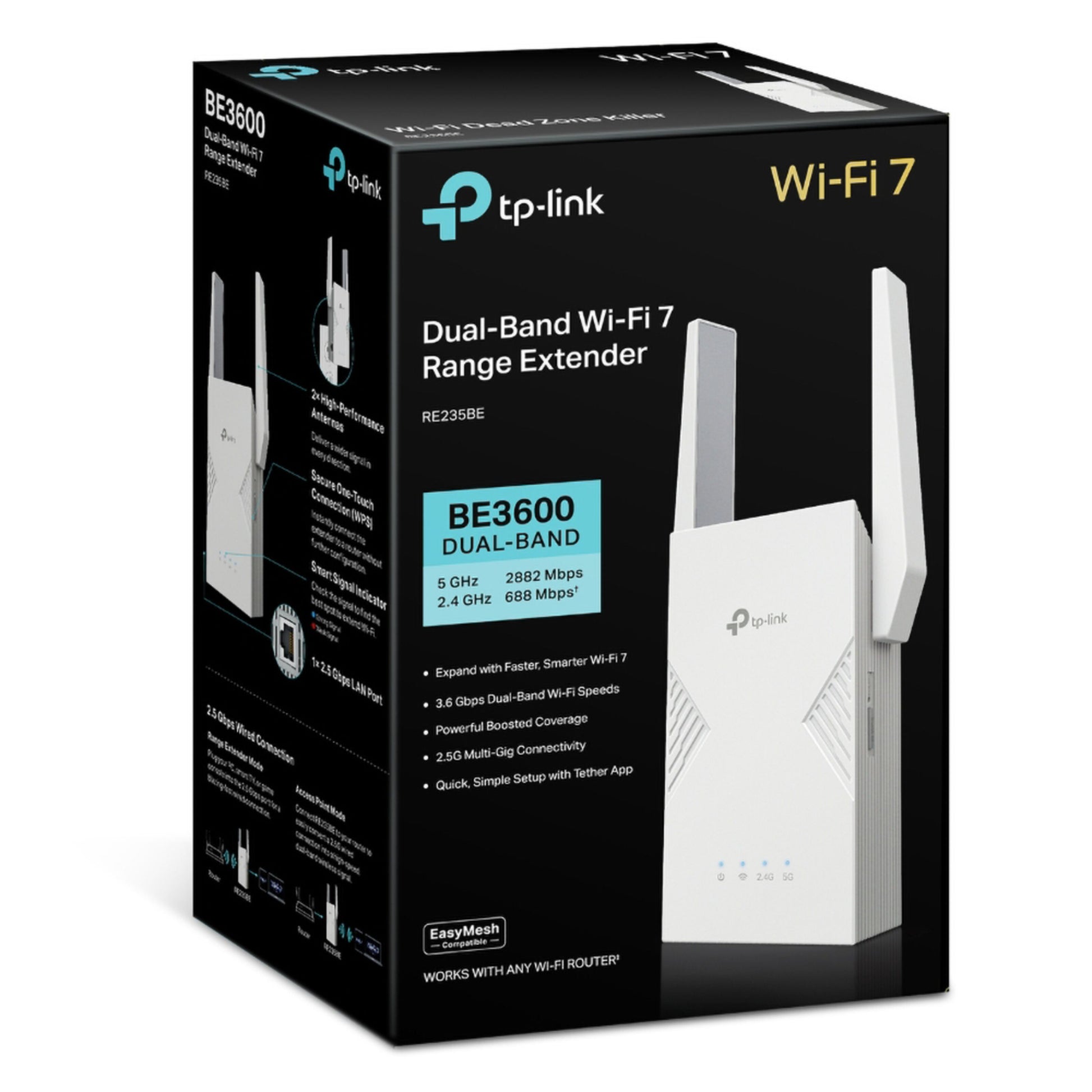 TP-Link RE235BE WiFi 7 BE3600-repeater-æske med billede, BE3600-hastighed, 2,5G LAN-port, mesh WiFi og Tether App-opsætning.