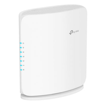 TP-Link Archer BE450 WiFi 7 Router BE7200, hvid, flot design, blå LED-indikatorer, op til 10 Gbps, logo øverst til højre.
