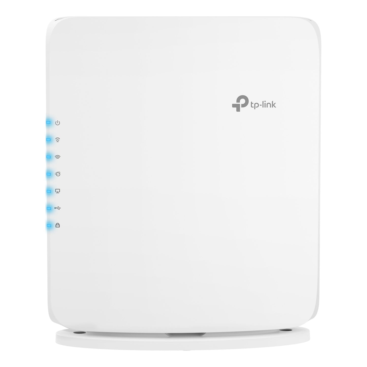 TP-Link Archer BE450 WiFi 7 Router BE7200 på rund base med blå indikatorlys og TP-Link logo, op til 10 Gbps.