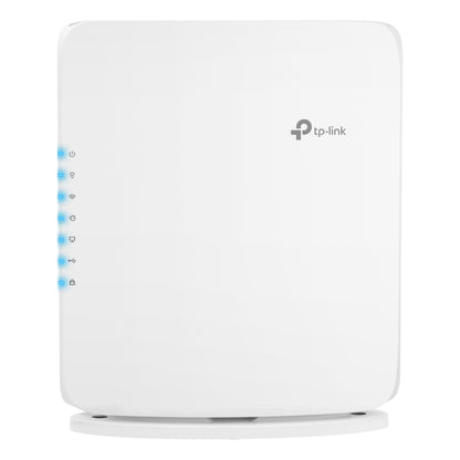 TP-Link Archer BE450 WiFi 7 Router BE7200 på rund base med blå indikatorlys og TP-Link logo, op til 10 Gbps.