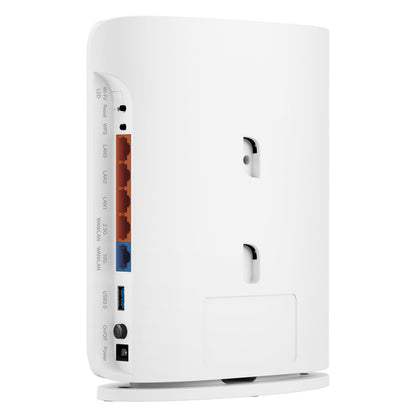 TP-Link Archer BE450 WiFi 7 Router BE7200 hvid med bagvedliggende Ethernet, USB, strømporte, knapper og vægbeslag.