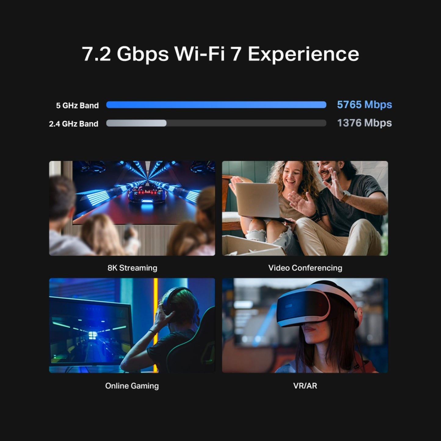 TP-Link Archer BE450 WiFi 7 router BE7200, sort, op til 5765 Mbps på 5 GHz og 1376 Mbps på 2,4 GHz.