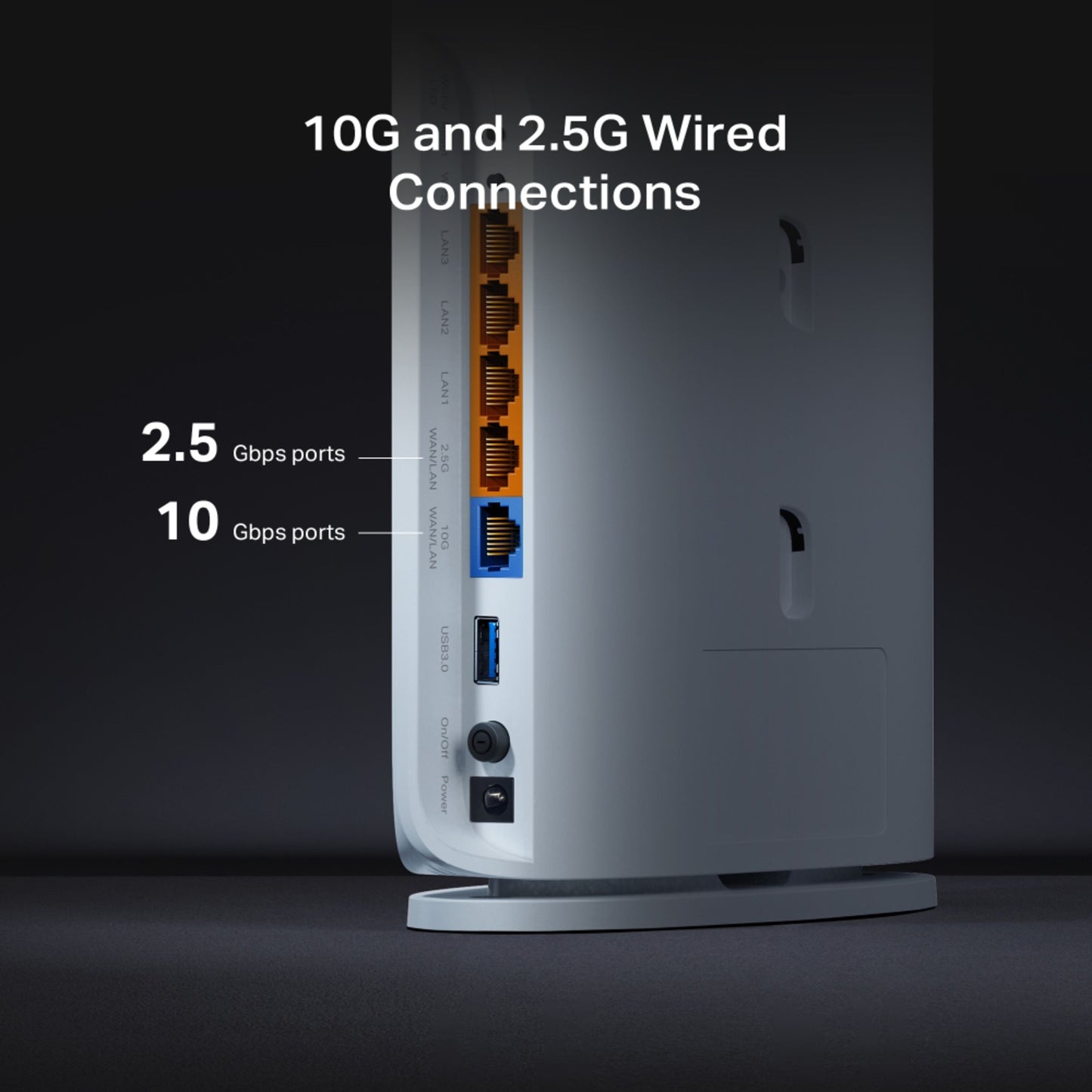 TP-Link Archer BE450 WiFi 7 Router BE7200 bagtil med til 2,5 Gbps og en 10 Gbps Ethernet-port, tekst: "10G og 2,5G kablede forbindelser.